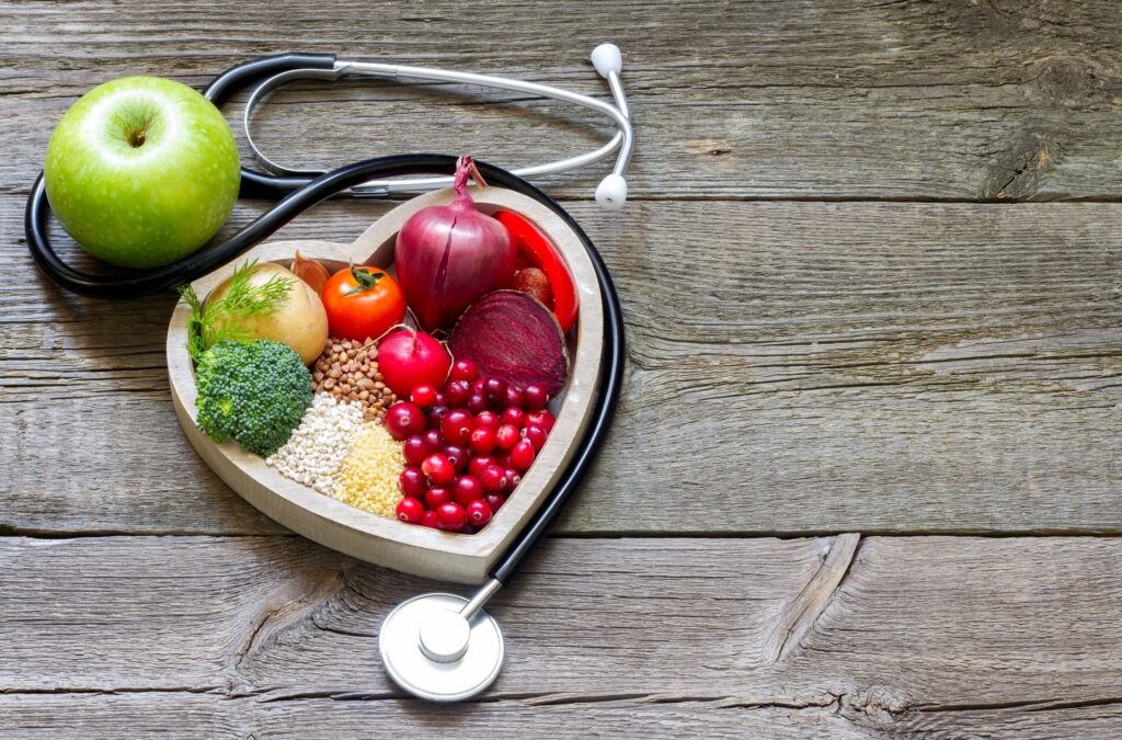 heart shaped plate with healthy foods