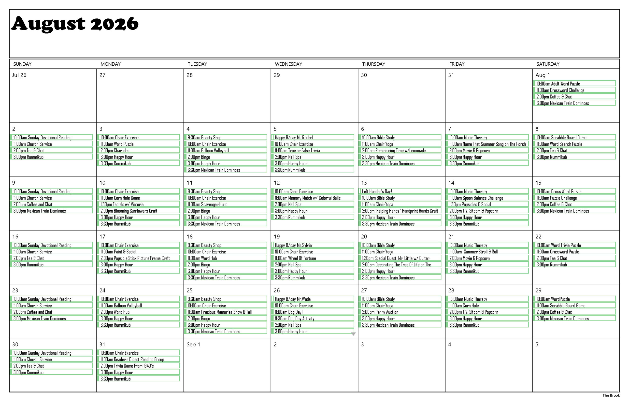 August Activity Calendar